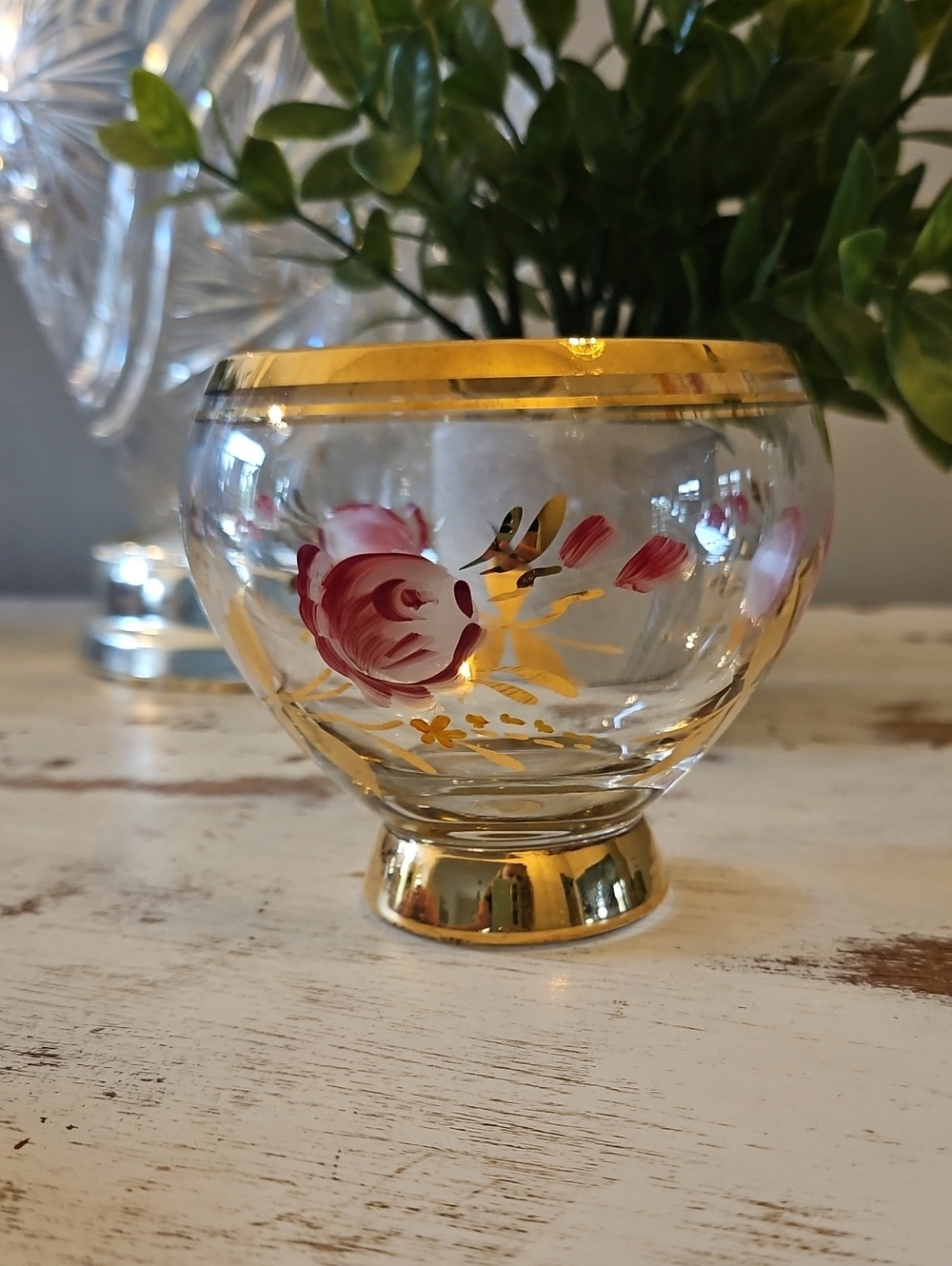 Beautiful 1950's Romanian Sugar Bowl, Hand Painted, Gold Trim
